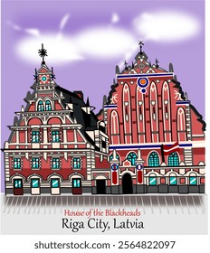 CIMAHI,INDONESIA-DECEMBER 29, 2024- Old House of the Blackheads Riga Latvia unique vintage architecture buildings.Vector illustration cartoon for poster,collection,background,sticker,souvenir,fabric.