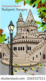 CIMAHI,INDONESIA-DECEMBER 31, 2024- Old Fisherman's Bastion in Budapest Hungary with unique vintage architecture buildings.Vector illustration for poster,collection,background,sticker,souvenir,fabric.