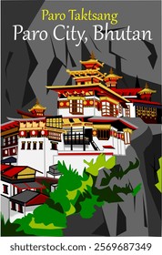 CIMAHI,INDONESIA-JANUARY, 09 2025-Cute Old Paro Taktsang Buddhist Temple from Paro Bhutan. Buildings vector illustration design cartoon for poster,collection,background,sticker,souvenir,fabric.