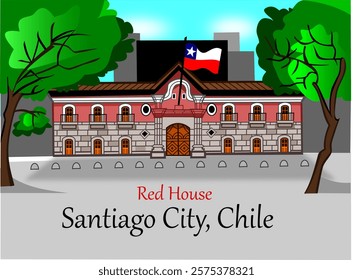 CIMAHI,INDONESIA-JANUARY 15, 2025-Cute old Red House from Santiago, Chile. Buildings vector illustration design cartoon for poster,collection,background,sticker,souvenir,fabric.