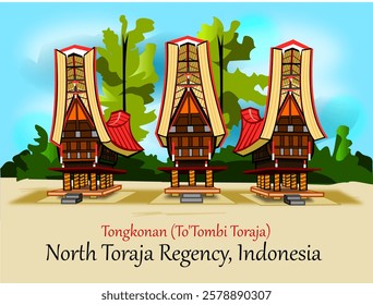 CIMAHI,INDONESIA-JANUARY 26, 2025-Cute old Tongkonan Toraja House from Sulawesi, Indonesia . Buildings vector illustration design cartoon for poster,collection,background,sticker,souvenir,fabri