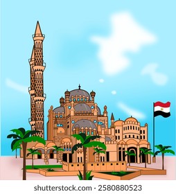 CIMAHI,INDONESIA-JANUARY 27, 2025-Old Al Sahaba Mosque from Sharm El Sheikh, Egypt. Buildings vector illustration design cartoon for poster,collection,background,sticker,souvenir,fabric.
