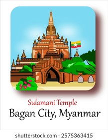 CIMAHI,INDONESIA-JANUARY 3,2025- Old Sulamani Buddhist Temple in Bagan, Myanmar with unique vintage architecture buildings.Vector illustration for poster,collection,background,sticker,souvenir,fabric.