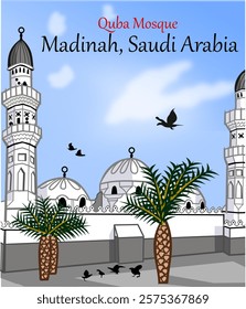 CIMAHI,INDONESIA-JANUARY 5,2025- Quba Mosque in Madinah, Saudi Arabia with unique vintage architecture buildings. Vector illustration for poster,collection,background,sticker,souvenir,fabric.