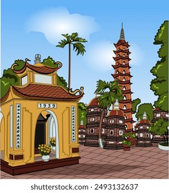 CIMAHI,INDONESIA-JULY 22, 2024-Cute Old Buddhist Temple Hanoi Vietnam unique vintage architecture buildings.Vector illustration design cartoon for poster,collection,background,sticker,souvenir,fabric.