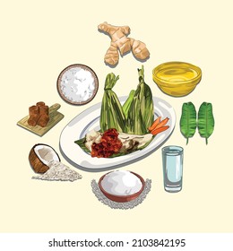 Cimpa And Ingredients Illustration, Sketch And Vector Style, Traditional Food From North Sumatra, Good to use for restaurant menu, Indonesian food recipe book, and food content.