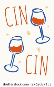 Cin Cin Wine Poster Italian Dolce Vita Hand Drawn Illustration
