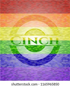 Cinch emblem on mosaic background with the colors of the LGBT flag
