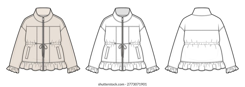 Cinched Waist Ruffle Hem Jacket Technical Fashion Illustration. Women Zip Up Utility Jacket with Drawstring Waist Welt Pockets and Frill Cuffs Vector Template Outerwear CAD Mockup