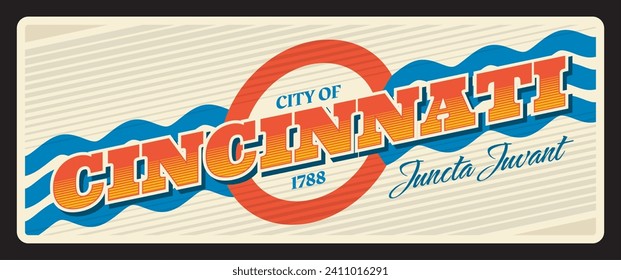 Cincinnati american city retro travel plate sign retro sticker. United States of America tin plaque, vector banner, american city symbol, seat of Hamilton County, Ohio, United States