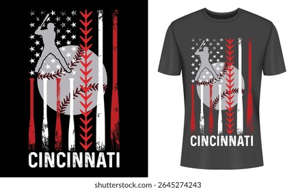 Cincinnati Baseball T Shirt Design with American Flag and Batter Silhouette