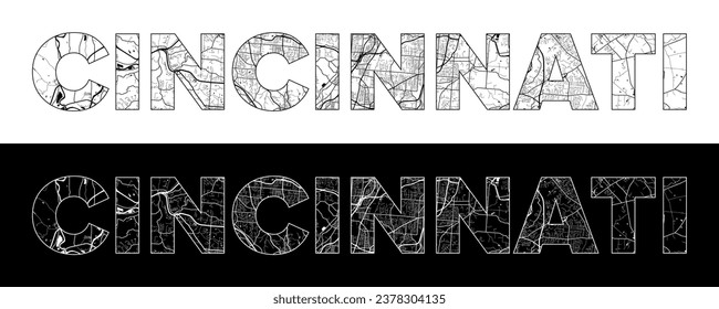 Cincinnati City Name (United States, North America) with black white city map illustration vector