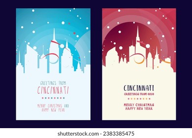 Cincinnati city poster with Christmas skyline, cityscape, landmarks. Winter USA holiday, New Year vertical vector layout for Ohio brochure, website, flyer, leaflet, card