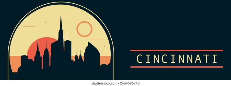 Anuncio de Vector de estilo retro de la ciudad de Cincinnati con horizonte, paisaje urbano. Ilustración Horizontal vintage del estado de Ohio. Diseño de viajes de los Estados Unidos de América para presentación de Web, encabezado, pie de página