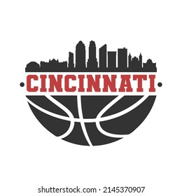 Cincinnati, OH, USA Basketball Skyline City Silhouette Vector. Basket Design Style Icon Symbols. Sport America Ball.