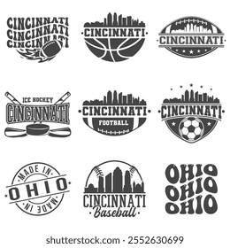 Cincinnati, OH, USA Sport Bundle Vector Art. City Skyline School Team Emblem.