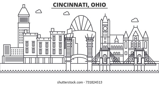 Cincinnati, Ohio Architecture Line Skyline Illustration. Linear Vector Cityscape With Famous Landmarks, City Sights, Design Icons. Landscape Wtih Editable Strokes