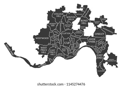 Cincinnati Ohio City Map USA Labelled Black Illustration