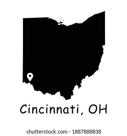 Cincinnati auf Ohio State Map. Detaillierte OH State Karte mit Location Pin in Cincinnati City. Schwarze Silhouettenvektorkarte einzeln auf weißem Hintergrund.