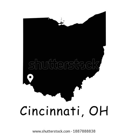 Cincinnati on Ohio State Map. Detailed OH State Map with Location Pin on Cincinnati City. Black silhouette vector map isolated on white background.