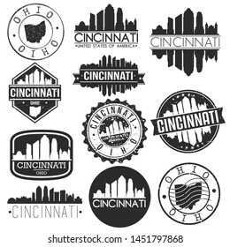 Cincinnati USA Skyline Vector Art Stamps. Silhouette Emblematic Buildings.