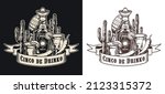 Cinco de Drinko monochrome vintage emblem with tequila bottle, cactuses, margarita glass, chili peppers, vector illustration