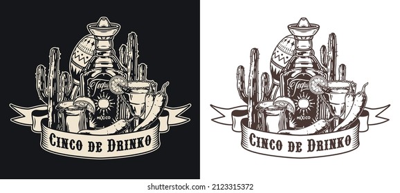 Cinco de Drinko monochrome vintage emblem with tequila bottle, cactuses, margarita glass, chili peppers, vector illustration