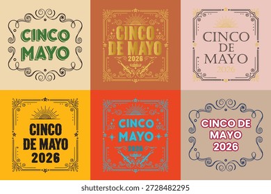 Cinco de Mayo 2026 Retro Vector Labels, Mexican Fiesta Vintage Badges and Ornate Frames Set.