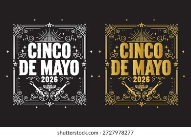 Cinco De Mayo 2026 Tipografia Logo com Guitarras mexicanas, Sombrero e Vintage Frame Design