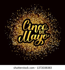 Cinco De Mayo 3d lettering on gold glitter texture background. Traditional mexican fiesta typography poster. Easy to edit template for party invitation, banner, poster, greeting card, flyer, etc.