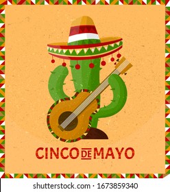 Cinco de mayo.May 5, federal holiday in Mexico. Poster with grunge texture and cactus with guitar and sombrero. Cartoon style. Vector banner.