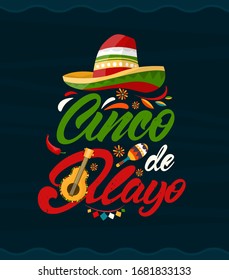 Cinco de mayo.May 5 holiday in Mexico. Poster with grunge texture and cactus with guitar and sombrero. Cartoon style. Vector banner.