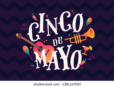 Cinco de Mayo (5 of May) Mexican holiday banner in trendy flat style. Fifth of May background, poster or flyer template with colourful Mexican themed design elements