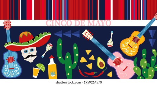 Cinco de Mayo, 5 May Mexican traditional fiesta holiday poster background design with Mexican striped blanket, sarape