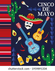 Cinco de Mayo, 5 May with Mexican food, traditional fiesta icon holiday poster background graphic design with Mexican striped blanket, sarape
