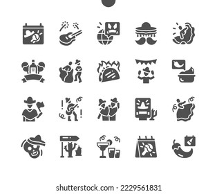 Cinco de Mayo 5 May. Carnival, tequila and dancing. Calendar. Fifth of may. Holiday. Mexican party. Vector Solid Icons. Simple Pictogram