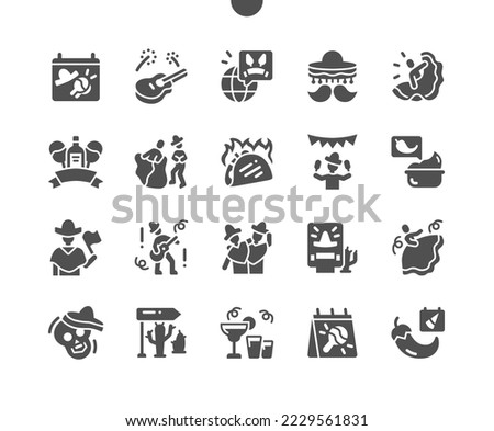 Cinco de Mayo 5 May. Carnival, tequila and dancing. Calendar. Fifth of may. Holiday. Mexican party. Vector Solid Icons. Simple Pictogram