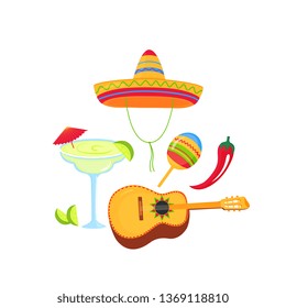 Cinco de Mayo. 5th of May. Sombrero, margarita, guitarron, maracas, chili pepper, lime. National Mexican holiday.