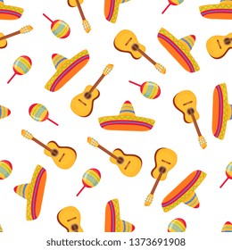 Cinco de Mayo. 5th of May. Sombrero, Maracas and Guitar. Mexican broad-brimmed straw hat seamless pattern. Can be used as wallpaper, wrapping paper, textiles.