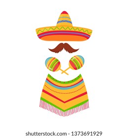 Cinco de Mayo. 5th of May. Mexican sombrero, poncho, mustache and maracas.