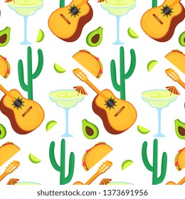 Cinco de Mayo. 5th of May. Guitarron, cactus, taco, avocado, margarita - clipart to national mexican holiday seamless pattern. Can be used as wallpaper, wrapping paper, textiles.