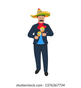 Cinco de Mayo. 5th of May. Mariachi. Mexican street musician in national costume playing on maracas. Traditional Mexican musical instrument.