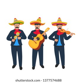 Cinco de Mayo. 5th of May. Street Mexican musicians play the violin, the maracas and the guitar. Music band