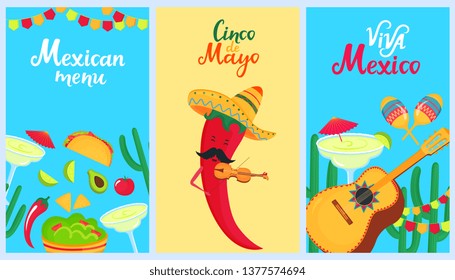Cinco de Mayo. 5th of May. A set of holiday posters to the Mexican national holiday. Sombrero, cactus, guitarron, maracas, traditional food and drink. Funny chili pepper plays the violin.