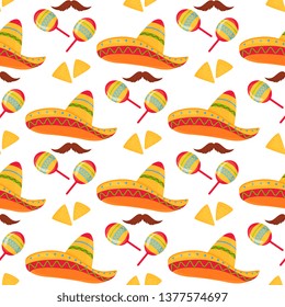 Cinco de Mayo. 5th of May. Mexican sombrero, nachos, mustache and maracas seamless pattern.