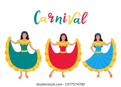 Cinco de Mayo. 5th of May. Carnival. Three young latin girls dancing in traditional Mexican dresses