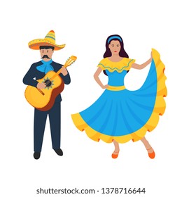 Cinco de Mayo. 5th of May. Mexican musician sing and play on Guitarron. Guitarist. Girl dancing in traditional dress.