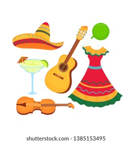 Cinco de Mayo. 5th of May. Sombrero, guitar, violin, margarita. Traditional Mexican clothing and musical instruments