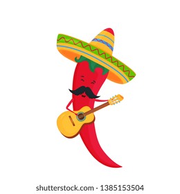 Cinco de Mayo. 5th of May. Funny cartoon chili in a sombrero playing guitar.