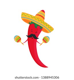 Cinco de Mayo. 5th of May. Funny cartoon chili in a sombrero playing on maracas.